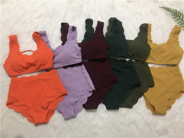 Women Solid Swimwear Female Bathing Suit Scalloped High Waist Bikini Set Two Pieces Women's Solid Color Lace-up High Waist Scoop Collar Padded Bathing Suit