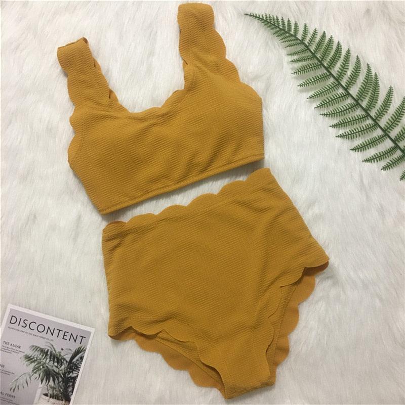 Women Solid Swimwear Female Bathing Suit Scalloped High Waist Bikini Set Two Pieces Women's Solid Color Lace-up High Waist Scoop Collar Padded Bathing Suit