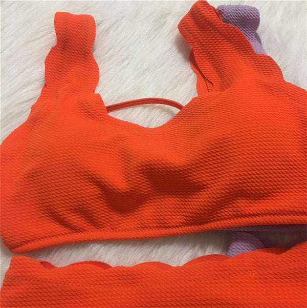 Women Solid Swimwear Female Bathing Suit Scalloped High Waist Bikini Set Two Pieces Women's Solid Color Lace-up High Waist Scoop Collar Padded Bathing Suit