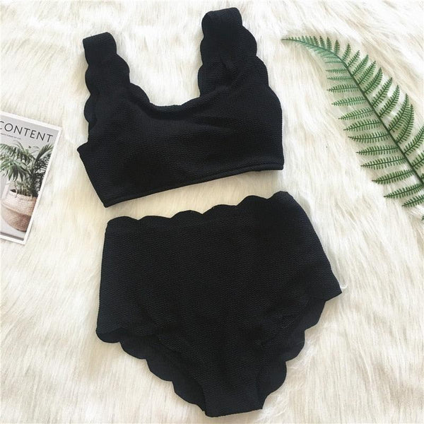Women Solid Swimwear Female Bathing Suit Scalloped High Waist Bikini Set Two Pieces Women's Solid Color Lace-up High Waist Scoop Collar Padded Bathing Suit