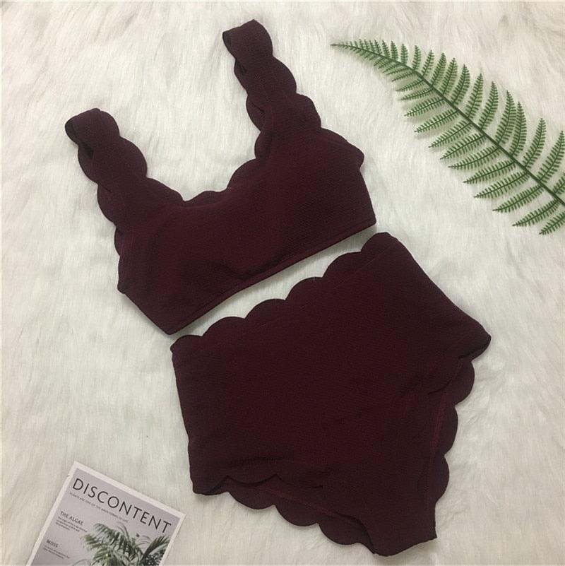 Women Solid Swimwear Female Bathing Suit Scalloped High Waist Bikini Set Two Pieces Women's Solid Color Lace-up High Waist Scoop Collar Padded Bathing Suit