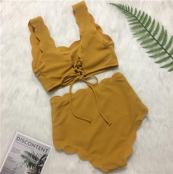 Women Solid Swimwear Female Bathing Suit Scalloped High Waist Bikini Set Two Pieces Women's Solid Color Lace-up High Waist Scoop Collar Padded Bathing Suit