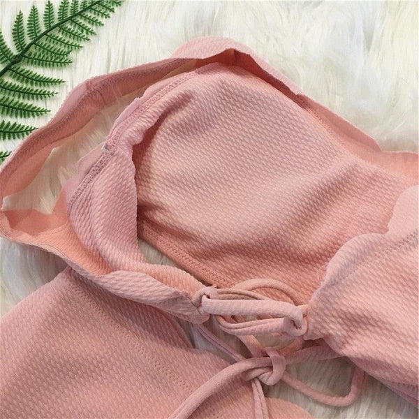 Women Solid Swimwear Female Bathing Suit Scalloped High Waist Bikini Set Two Pieces Women's Solid Color Lace-up High Waist Scoop Collar Padded Bathing Suit