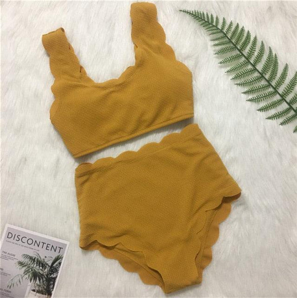 Women Solid Swimwear Female Bathing Suit Scalloped High Waist Bikini Set Two Pieces Women's Solid Color Lace-up High Waist Scoop Collar Padded Bathing Suit