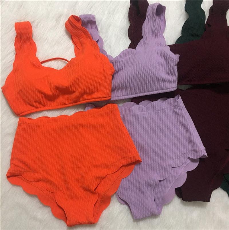 Women Solid Swimwear Female Bathing Suit Scalloped High Waist Bikini Set Two Pieces Women's Solid Color Lace-up High Waist Scoop Collar Padded Bathing Suit