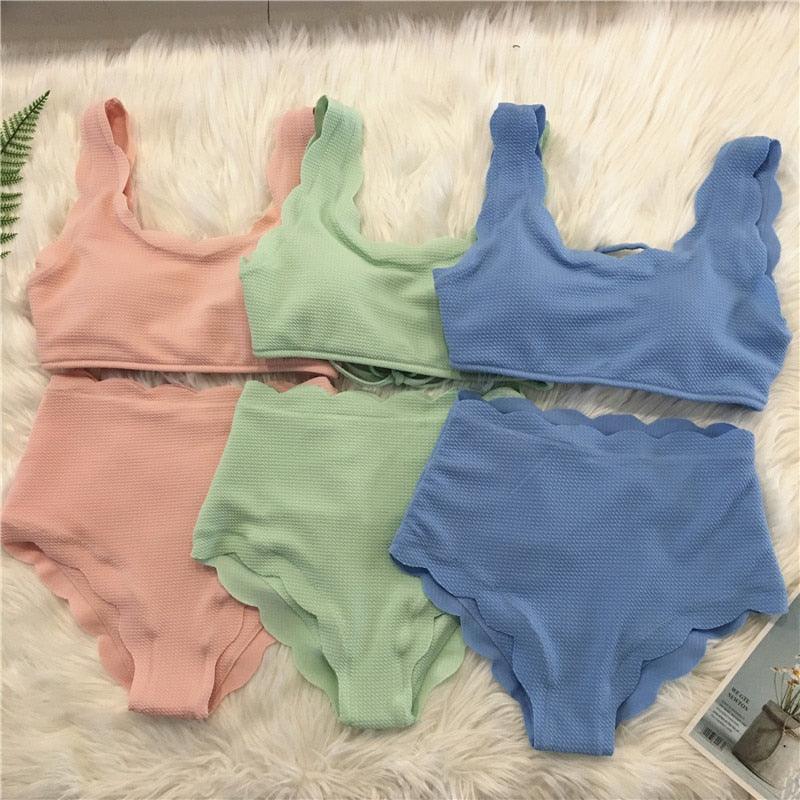 Women Solid Swimwear Female Bathing Suit Scalloped High Waist Bikini Set Two Pieces Women's Solid Color Lace-up High Waist Scoop Collar Padded Bathing Suit
