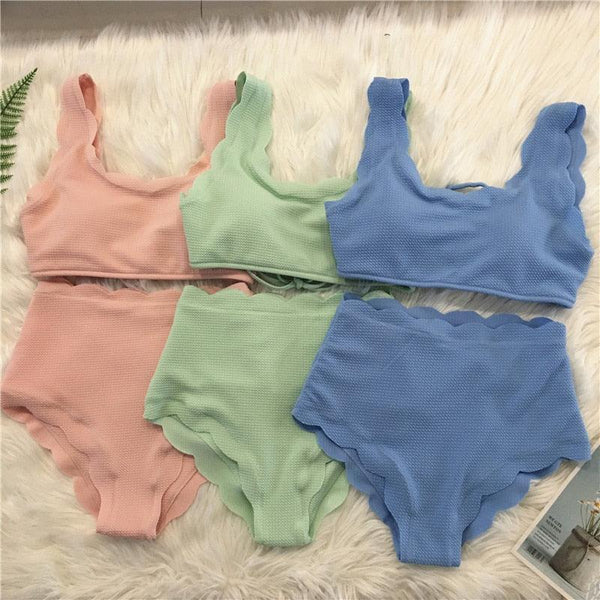 Women Solid Swimwear Female Bathing Suit Scalloped High Waist Bikini Set Two Pieces Women's Solid Color Lace-up High Waist Scoop Collar Padded Bathing Suit