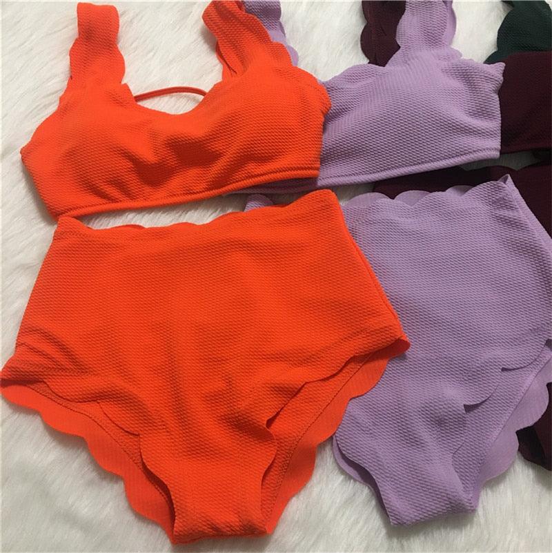 Women Solid Swimwear Female Bathing Suit Scalloped High Waist Bikini Set Two Pieces Women's Solid Color Lace-up High Waist Scoop Collar Padded Bathing Suit
