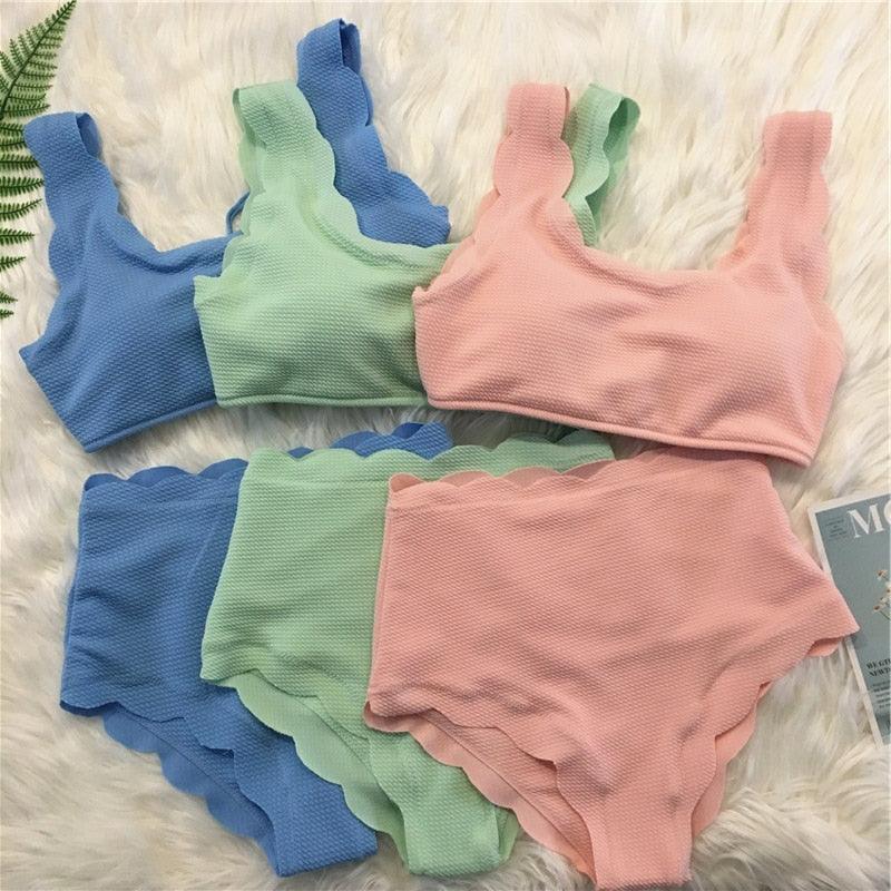 Women Solid Swimwear Female Bathing Suit Scalloped High Waist Bikini Set Two Pieces Women's Solid Color Lace-up High Waist Scoop Collar Padded Bathing Suit