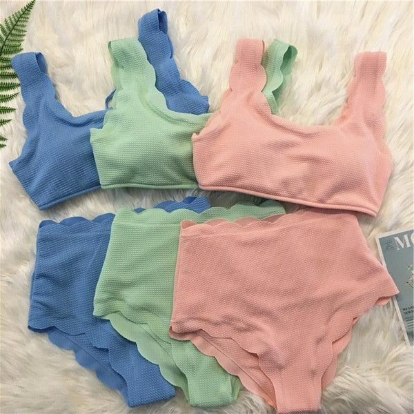 Women Solid Swimwear Female Bathing Suit Scalloped High Waist Bikini Set Two Pieces Women's Solid Color Lace-up High Waist Scoop Collar Padded Bathing Suit