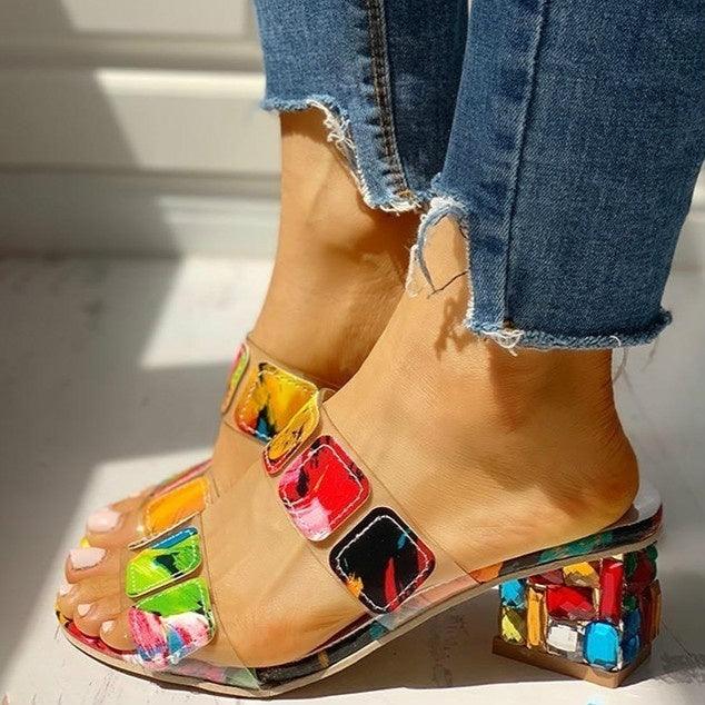 Women Square Heels Summer Sandals Open Toe Multi Colors Shoes Cute Sandals Flip Flops Slip On Fashion Wedding Dress Chunky Block Heels Open Back High Heel Slide Slipper