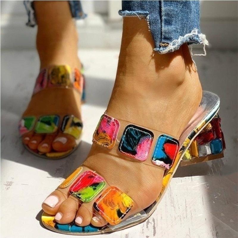 Women Square Heels Summer Sandals Open Toe Multi Colors Shoes Cute Sandals Flip Flops Slip On Fashion Wedding Dress Chunky Block Heels Open Back High Heel Slide Slipper