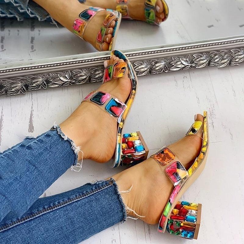 Women Square Heels Summer Sandals Open Toe Multi Colors Shoes Cute Sandals Flip Flops Slip On Fashion Wedding Dress Chunky Block Heels Open Back High Heel Slide Slipper