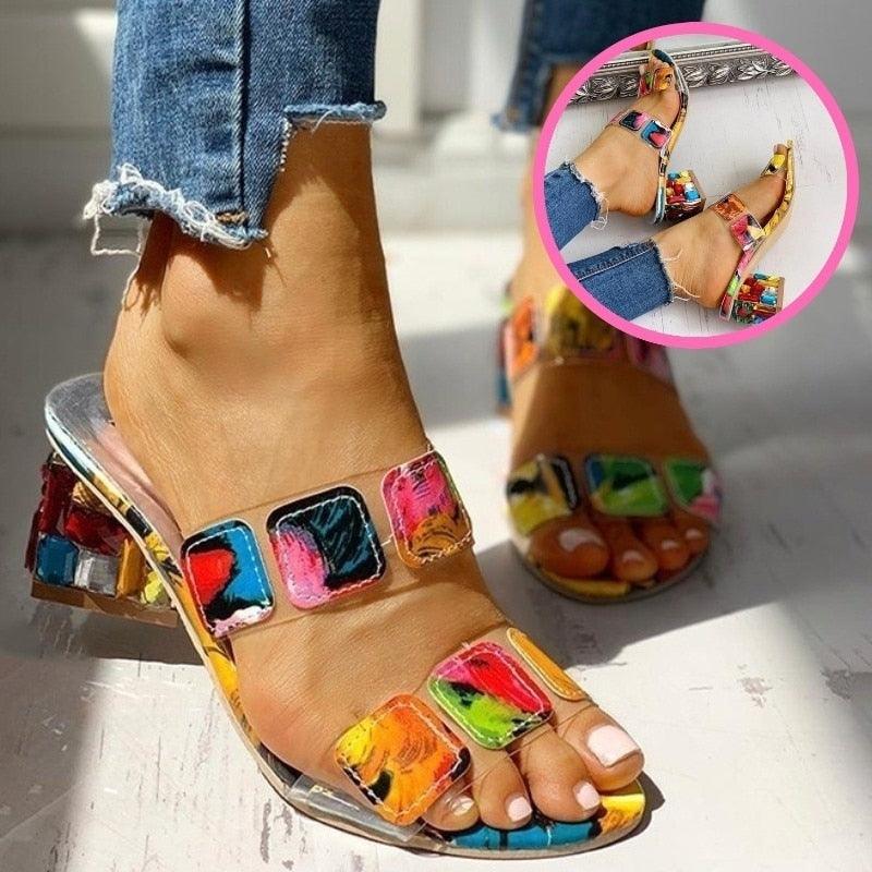 Women Square Heels Summer Sandals Open Toe Multi Colors Shoes Cute Sandals Flip Flops Slip On Fashion Wedding Dress Chunky Block Heels Open Back High Heel Slide Slipper