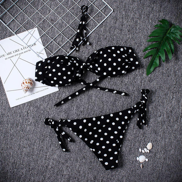 Women Strapless Bandage Push Up Dot Printed Bikini Set Women's Adjustable Bathing Suits Two Piece Swimwear Tie Cutout Low Waist String Bikini Set Lace Up Female Summer Swimwear Swimsuit Beachwear