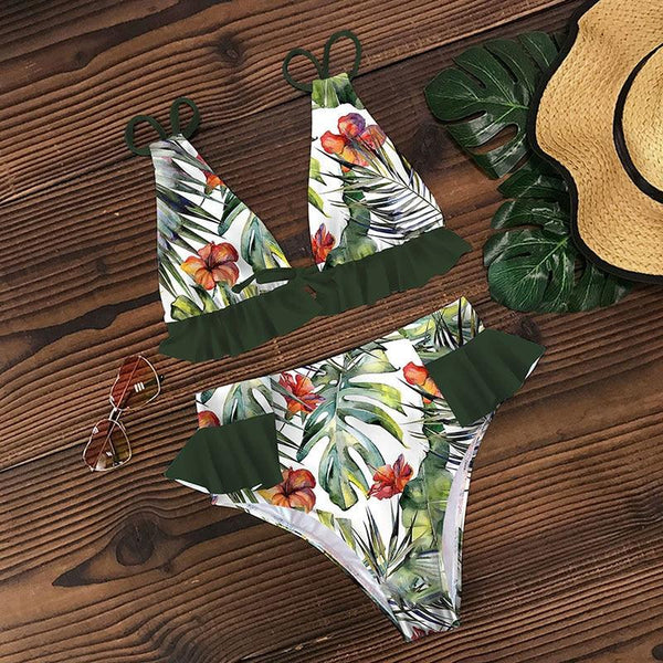 Women Summer High Waist Ruffle Bikini Set Swimwear Women Lady Floral Female Push Up Swimsuit Summer Beach Wear Bikini Pure Color Bikini Charming Ruffled Bra And Bottom Swimsuits