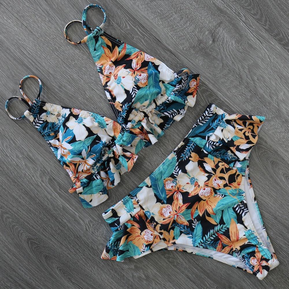 Women Summer High Waist Ruffle Bikini Set Swimwear Women Lady Floral Female Push Up Swimsuit Summer Beach Wear Bikini Pure Color Bikini Charming Ruffled Bra And Bottom Swimsuits