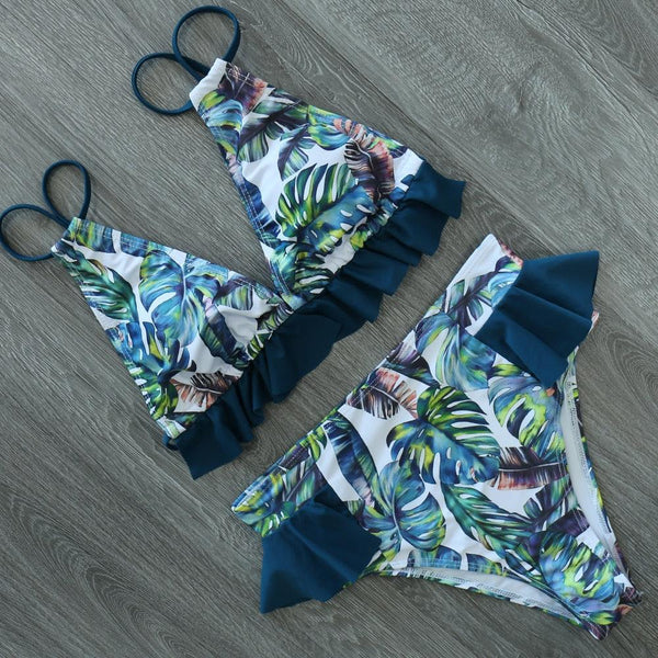 Women Summer High Waist Ruffle Bikini Set Swimwear Women Lady Floral Female Push Up Swimsuit Summer Beach Wear Bikini Pure Color Bikini Charming Ruffled Bra And Bottom Swimsuits