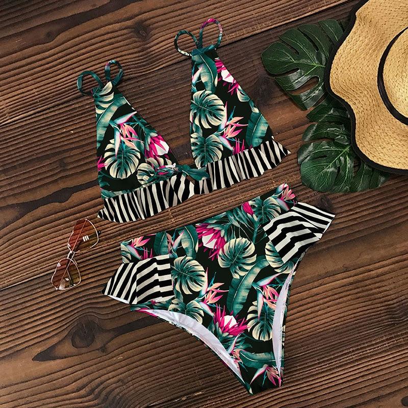 Women Summer High Waist Ruffle Bikini Set Swimwear Women Lady Floral Female Push Up Swimsuit Summer Beach Wear Bikini Pure Color Bikini Charming Ruffled Bra And Bottom Swimsuits