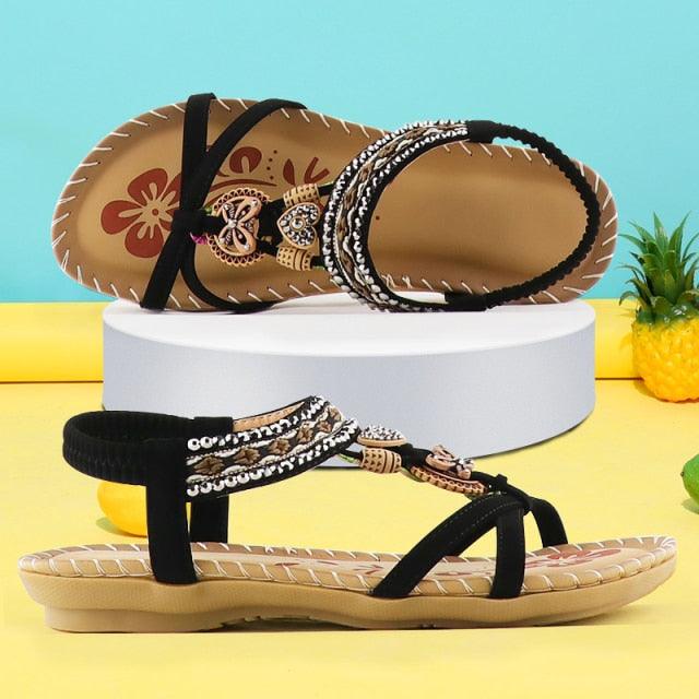 Women Summer Vintage Shoes Sandals Butterfly-knot Rhinestone Slides Elastic Band Sandal Comfort Flats Sandals With Elastic Ankle Strap Casual Rhinestone Shoes Beach Slip On Sandals