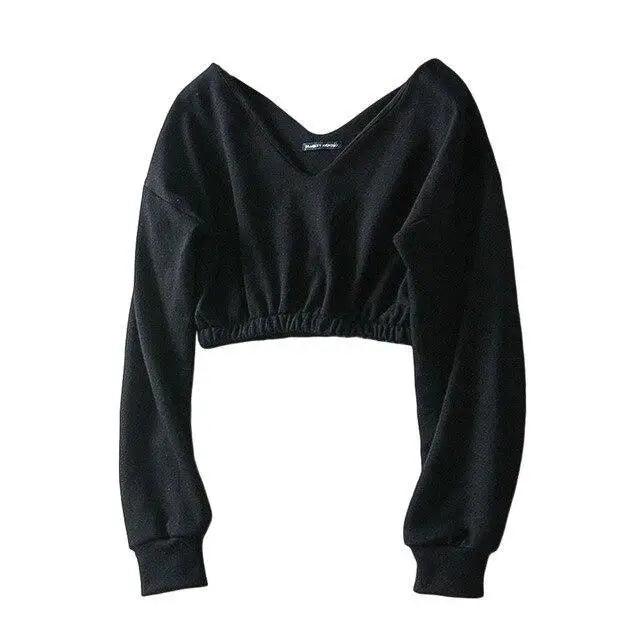 Women Sweatshirt Streetwear Hoodies Hip Pop Crop Top Female Long Sleeve Deep V Neck Pullovers Womens Sweatshirts Pullover Tops Drop Shoulder Running Activewear Casual Gym Workout Sweatshirt