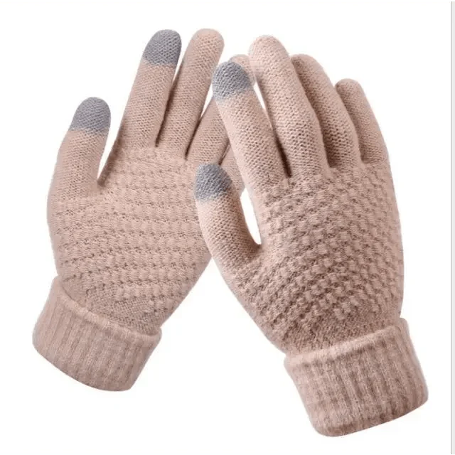 Women Winter Modern Touchscreen Gloves Thicken Warm Knitted Stretch One Size Gloves Full Finger Outdoor Skiing Gloves