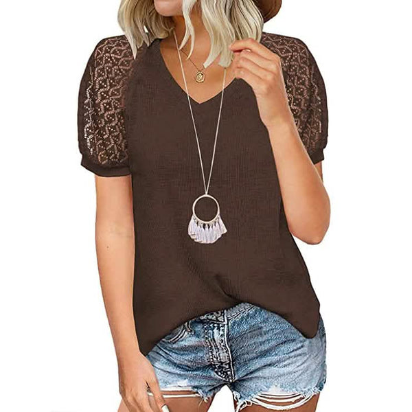 Women's Lace Short Sleeve V-Neck Top