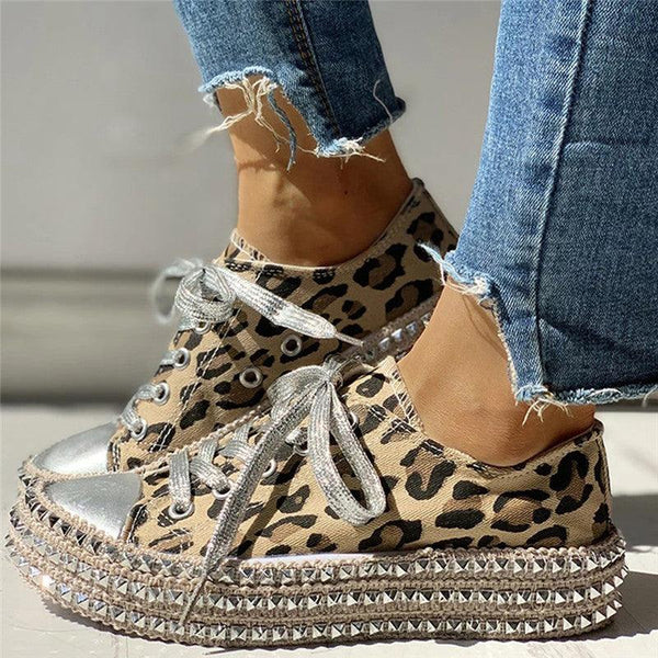 Womens Leopard Sneakers Women Canvas Shoes Leisure Lace-Up Sneakers Rhinestone Shiny Flat Charming Shoes Platform Leisure Low Sneakers
