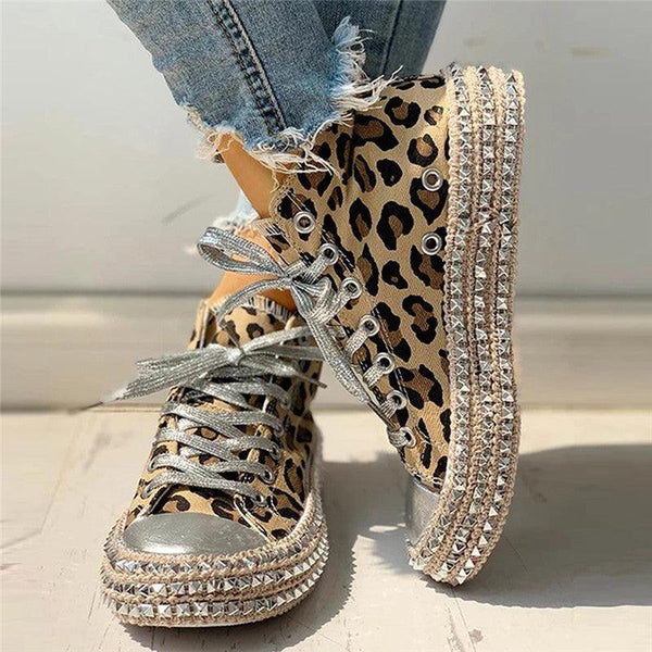 Womens Leopard Sneakers Women Canvas Shoes Leisure Lace-Up Sneakers Rhinestone Shiny Flat Charming Shoes Platform Leisure Low Sneakers