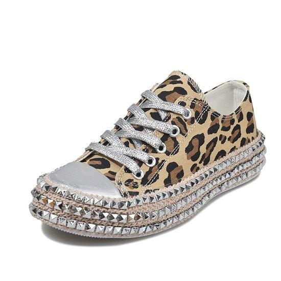 Womens Leopard Sneakers Women Canvas Shoes Leisure Lace-Up Sneakers Rhinestone Shiny Flat Charming Shoes Platform Leisure Low Sneakers