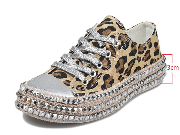 Womens Leopard Sneakers Women Canvas Shoes Leisure Lace-Up Sneakers Rhinestone Shiny Flat Charming Shoes Platform Leisure Low Sneakers