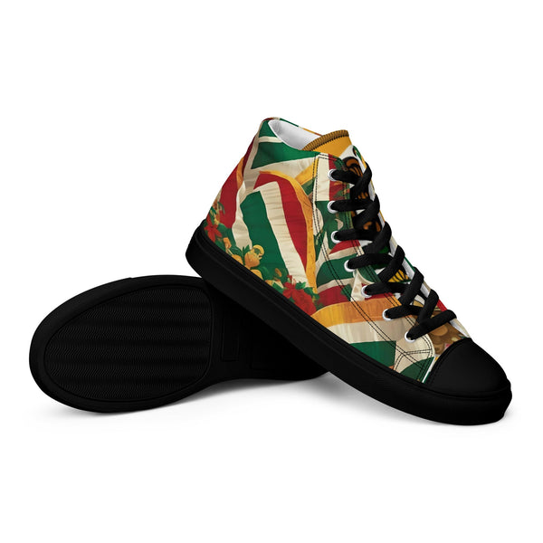 Colorful patterned sneaker with black sole on a white background