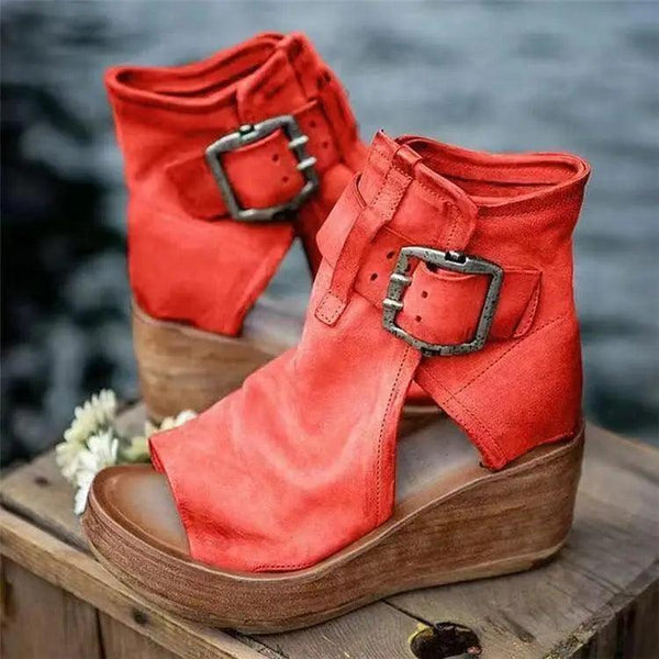 Womens Red Sandals Summer Retro Peep Toe Elegant Comfortable Leather Design For Women
