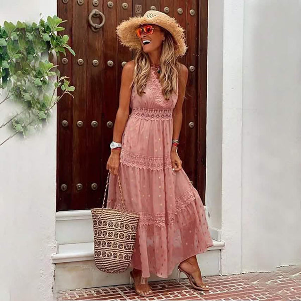 Women's Sleeveless Solid Color Lace Panel Dress