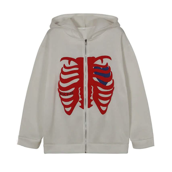 Women's Zip Up Skeleton Letter Hoodie Sweatshirt