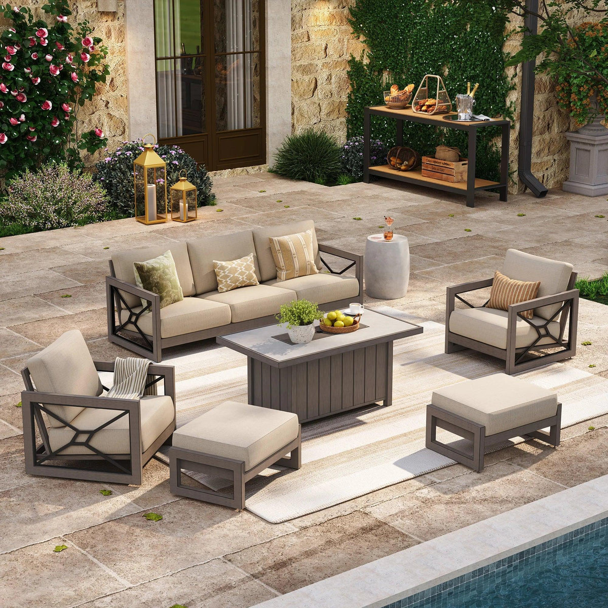 Marindo 6-Piece Faux-Wood Aluminum Patio Set with Fire Pit and Ottomans