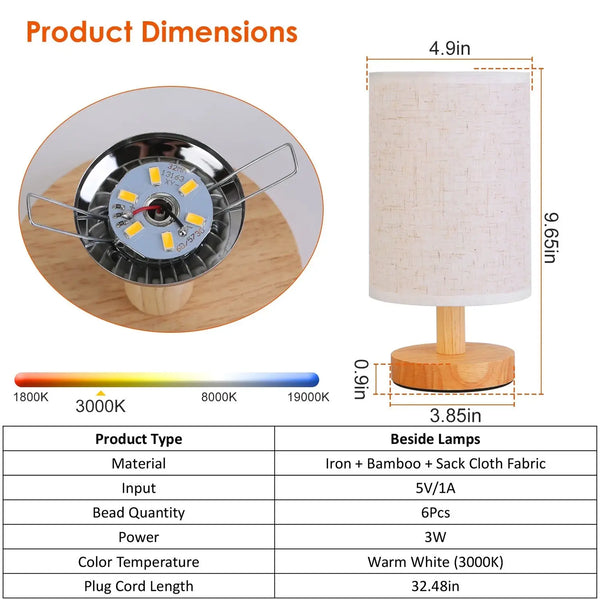 Wood & White Desk Lamp with Bamboo Base and Warm 3000K Lighting