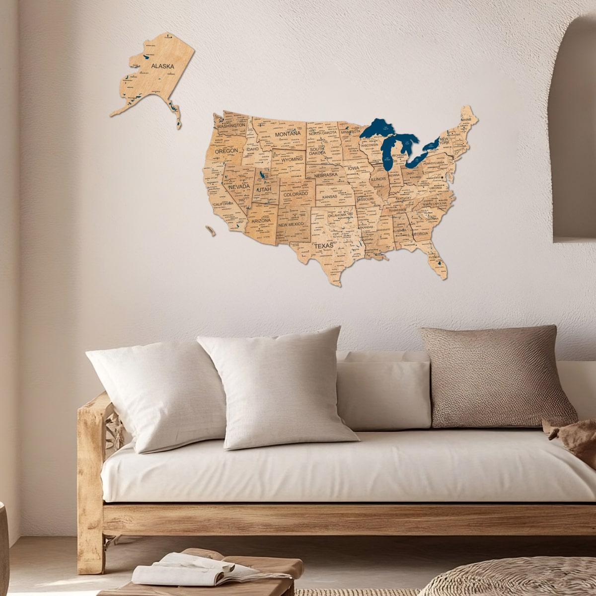 Wooden 3D Map of USA - Gold