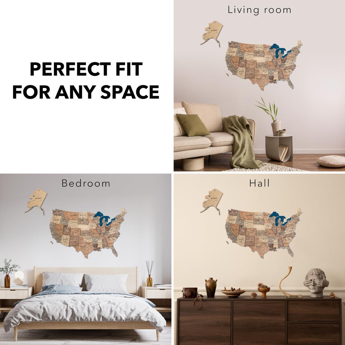 Wooden 3D Map of USA - Smokey