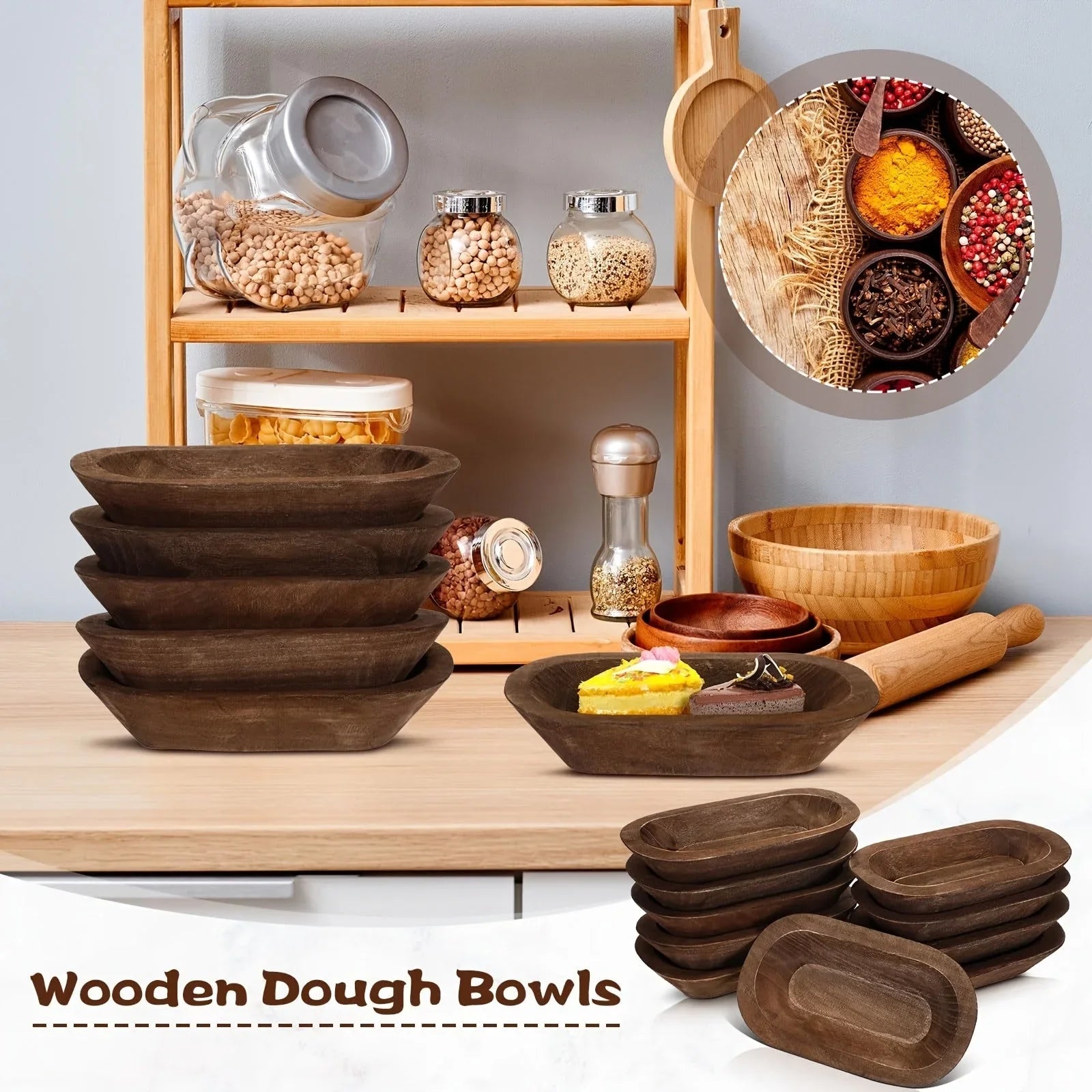 Wooden Dough Bowls 10 Pack Hand Carved Rustic Paulownia Wood for DIY Crafts and Farmhouse Decoration