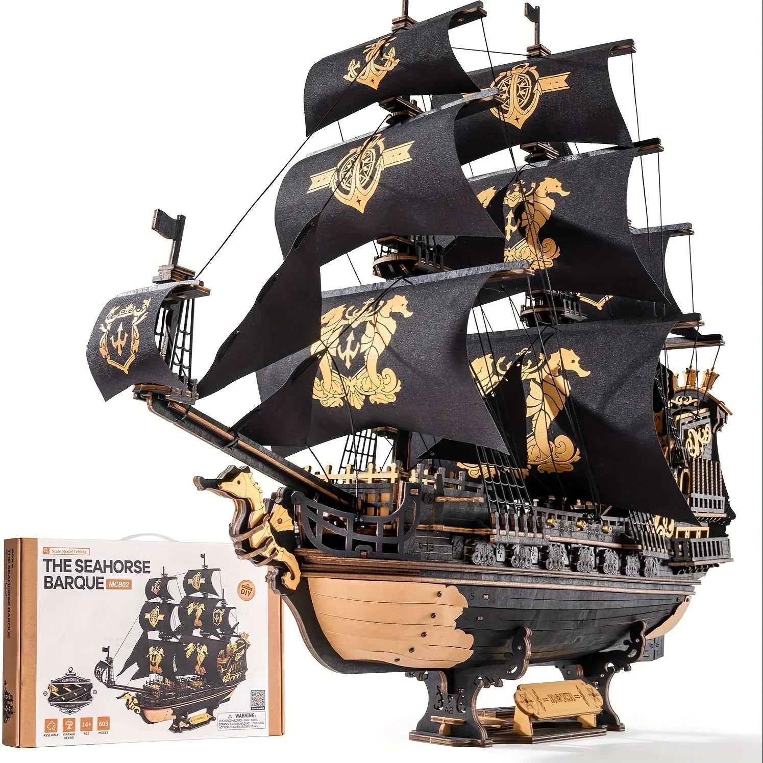 Wooden Ship Model Kit Seahorse Barque Sailing Ship with Detailed Sail