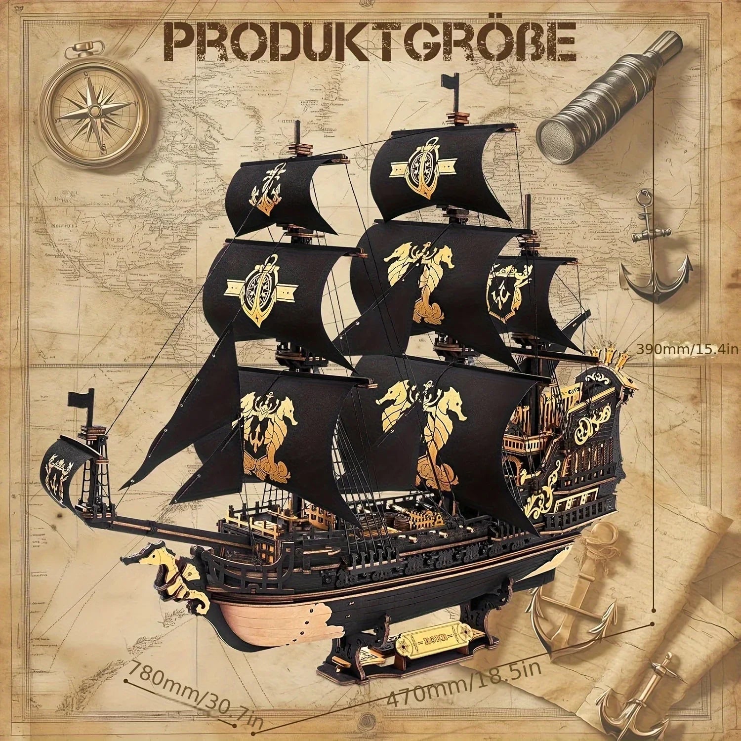 Wooden Ship Model Kit Seahorse Barque Sailing Ship with Detailed Sail
