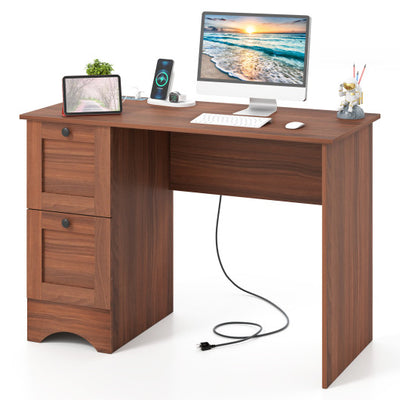 Wooden Vintage Computer Desk with 2 Drawers for Home and Office-Walnut