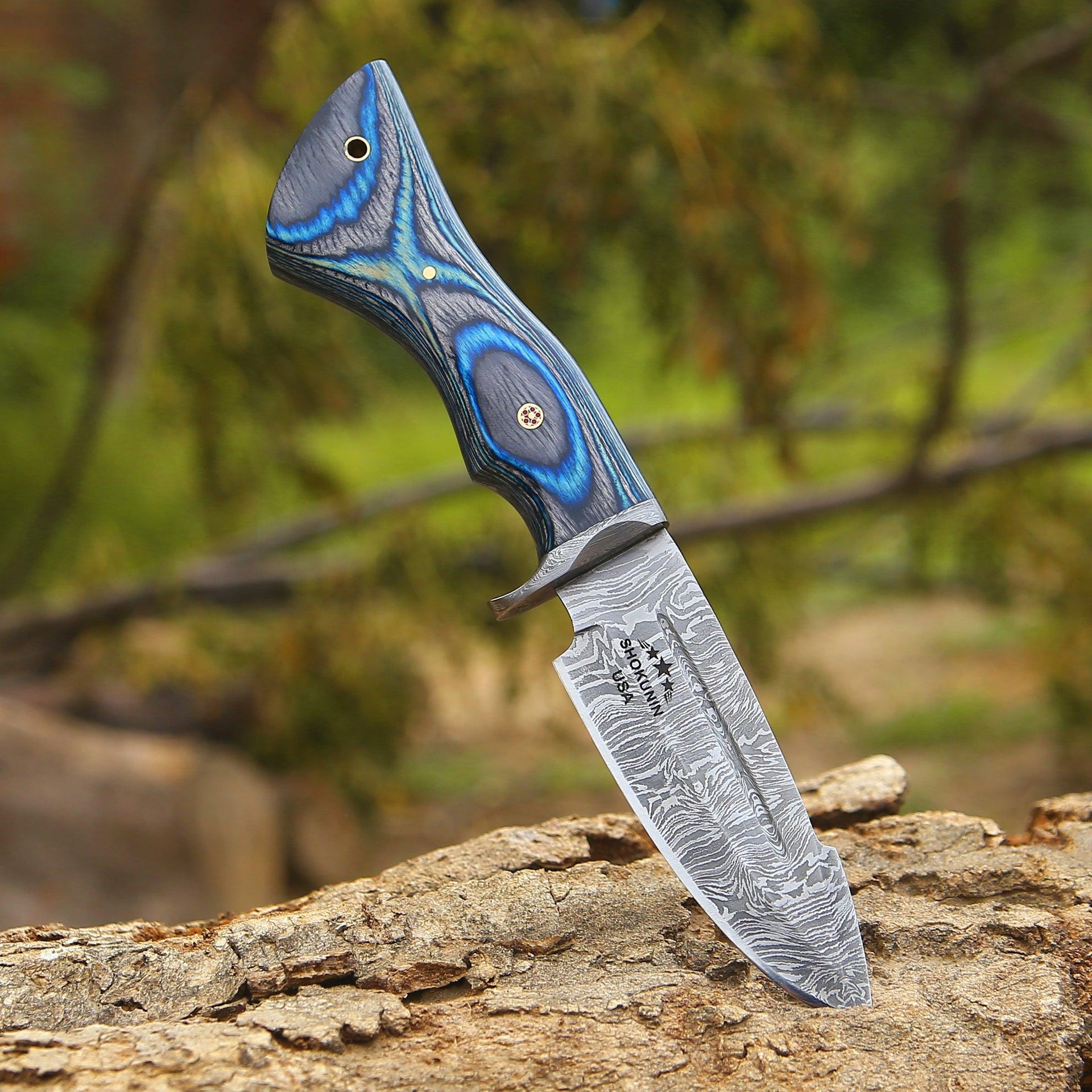 Hellcat Damascus Hunting Knife with Leather Sheath