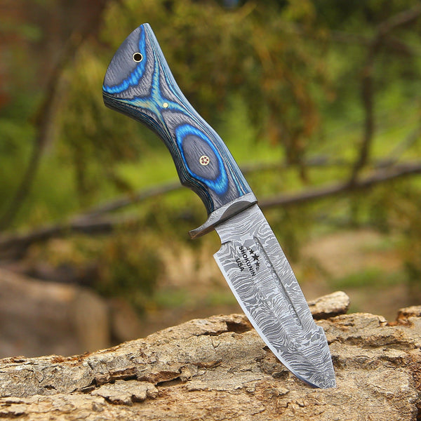 Hellcat Damascus Hunting Knife with Leather Sheath
