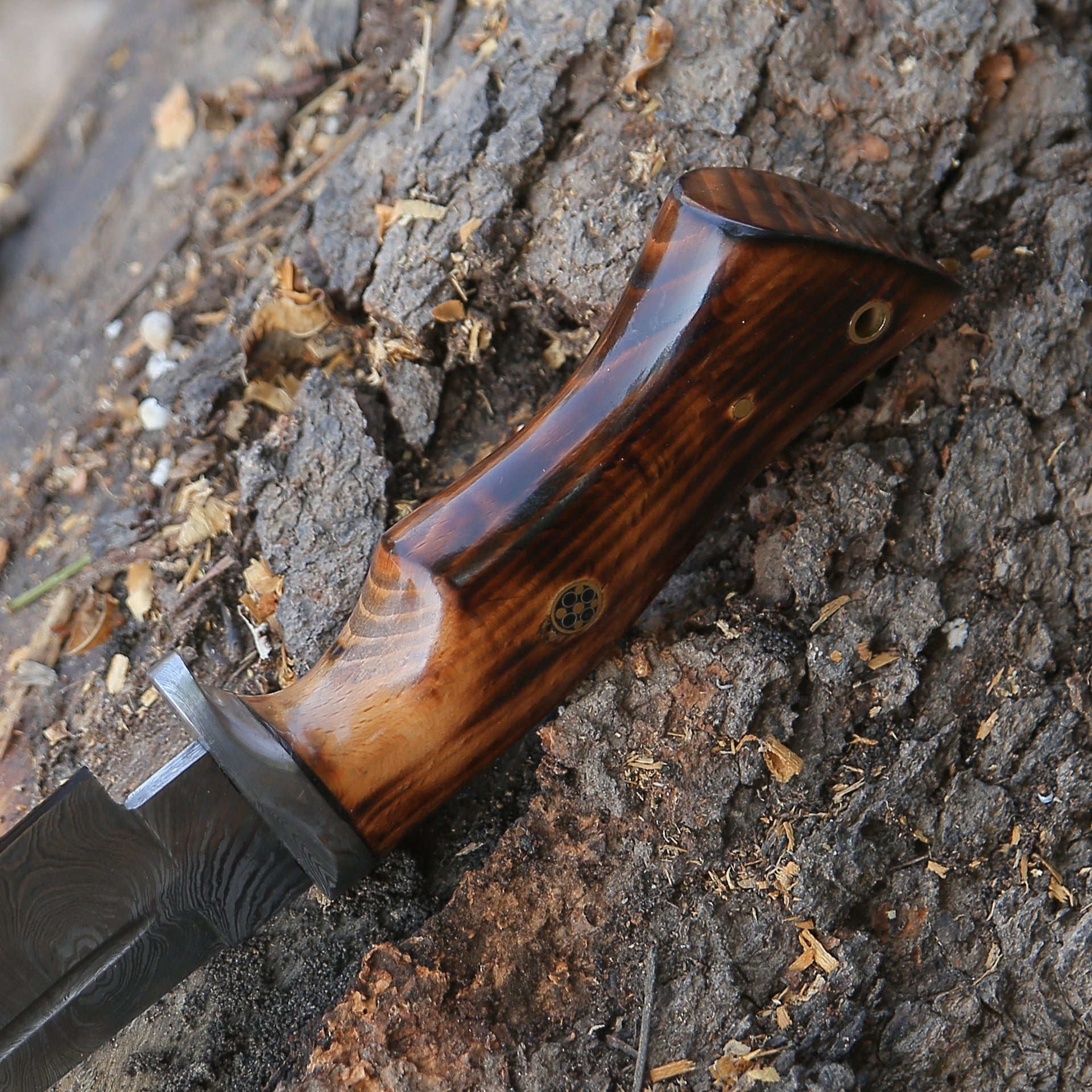 Frontier Custom Damascus Steel Knife with Charred Oak Wood Handle