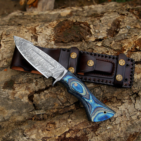 Hellcat Damascus Hunting Knife with Leather Sheath