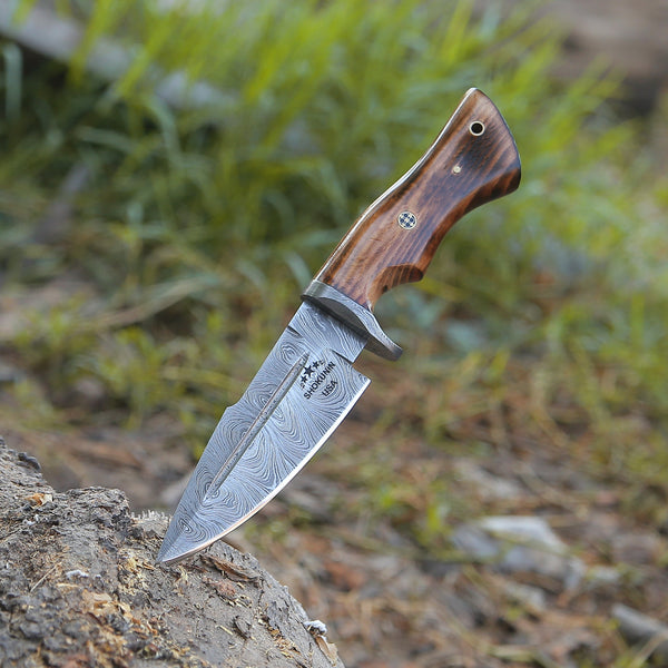 Frontier Custom Damascus Steel Knife with Charred Oak Wood Handle