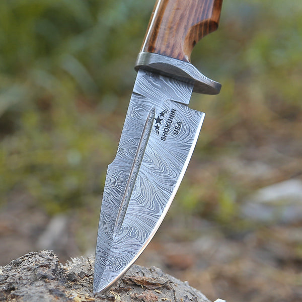 Frontier Custom Damascus Steel Knife with Charred Oak Wood Handle