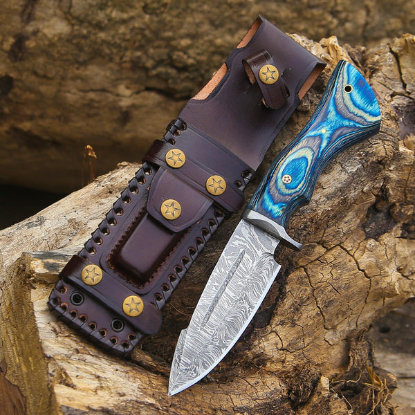 Hellcat Damascus Hunting Knife with Leather Sheath